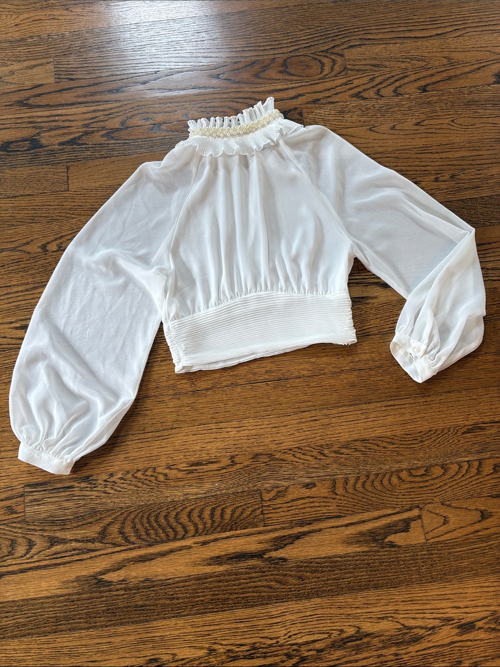 Zara White Smocked High-Neck Sheer Blouse, pearls, xS